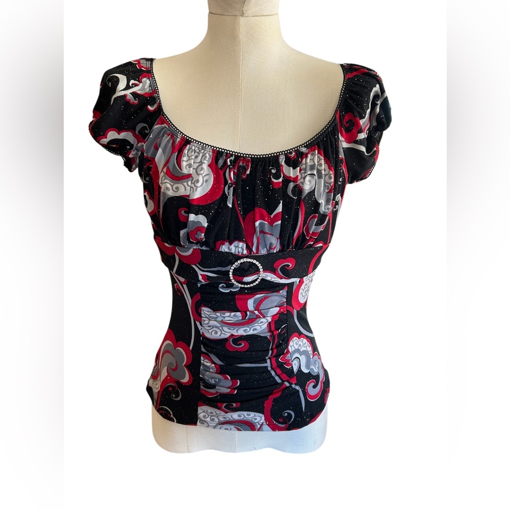 Three Pink Hearts Retro Swirl Glitter Top Size Large